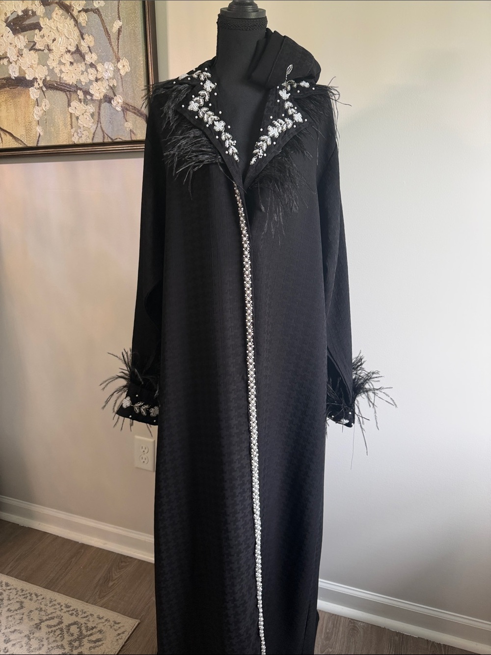 Abaya Embellished Black Long with Feather Trim